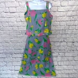 Vintage Handmade Teo Piece Floral Sleeveless Side Button Top & Midi Skirt Set
